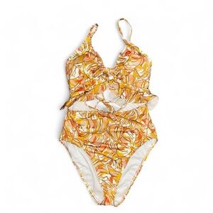 Hurley Swimsuit Womens M Yellow One Piece Monokini Leaf Print Bow Cutout Beach
